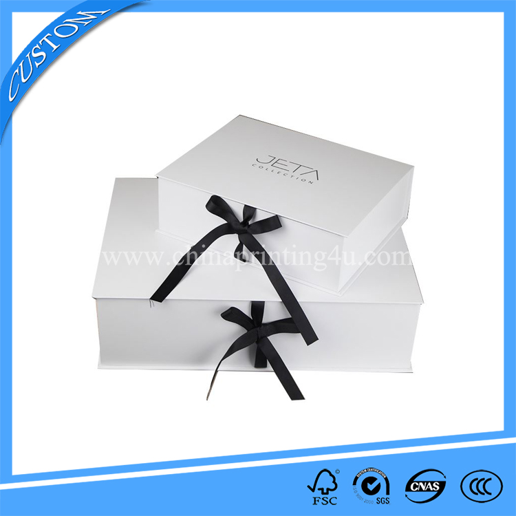 Custom Luxury White Magnet Flip Garment Flip Gift Box with Black Ribbon Closure